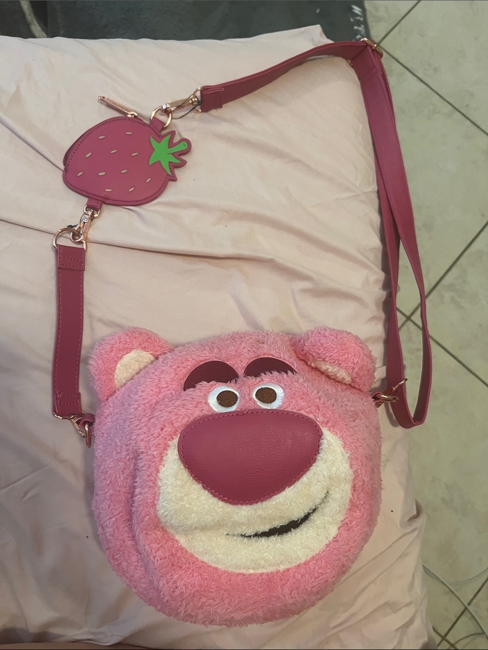 Loungefly Pink Lotso Plush Crossbody Bag with Strawberry Charm